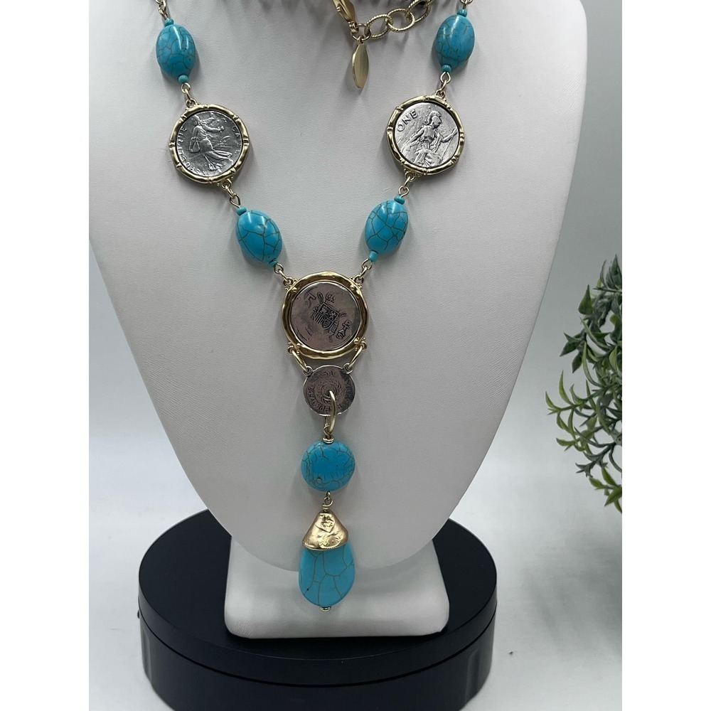 Chico's Isabella‎ Long Necklace Faux Turquoise & Coins Lariat "Y" Style